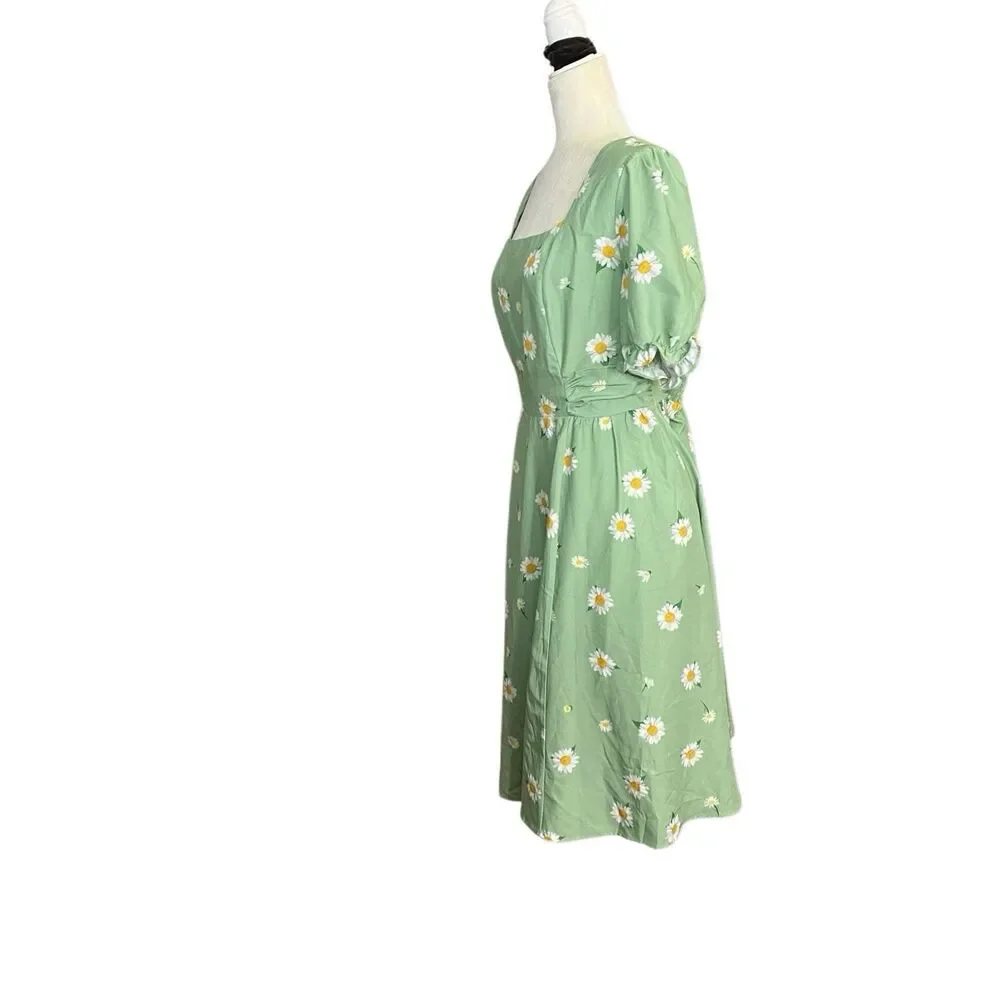 Belle Poque A Line Fit & Flare Green Daisy Midi Dress Womens XL Pockets Smocked - Picture 3 of 9